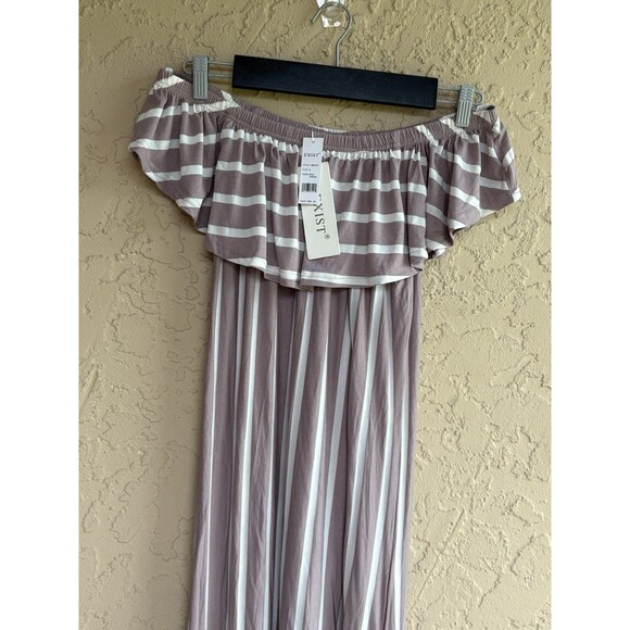 Exist NWT Womens XL Maxi Flowy Long Dress Off The Shoulder Brown & White Stripes - Picture 1 of 7
